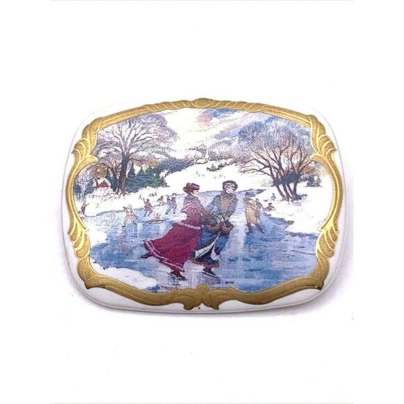 Vtg Currier & Ives Porcelain Ice Skating Brooch - Picture 1 of 6